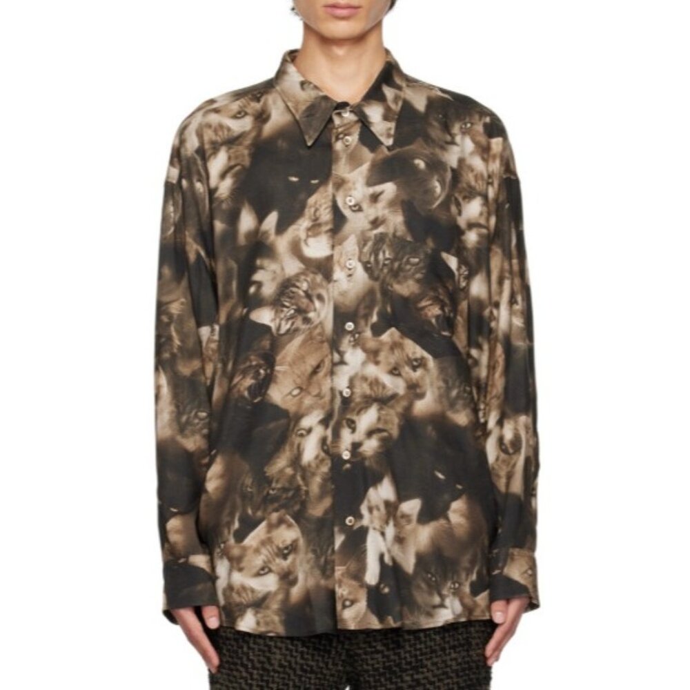 Magliano Graphic pattern printed throughout Twisted Shirt sz L brown cats NWOT